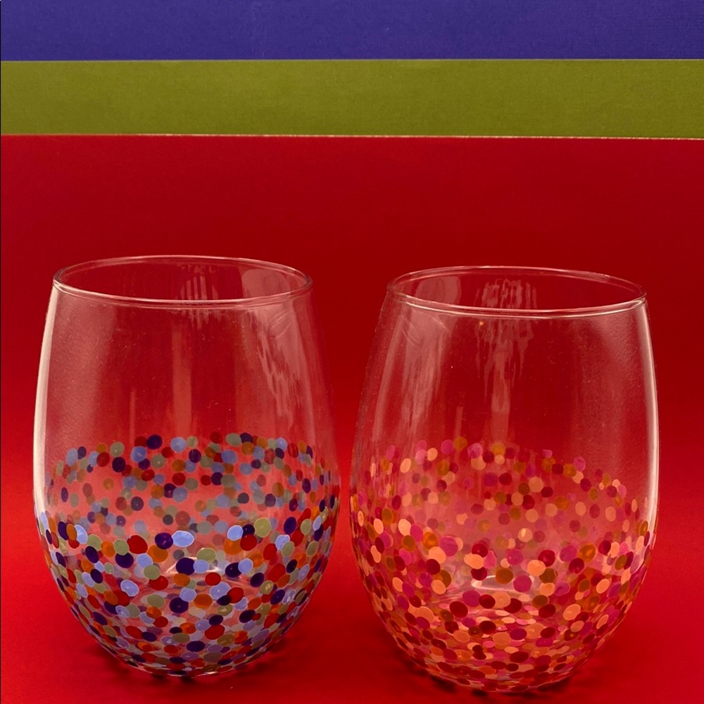 Set Of 2 Hand Painted Colorful Polka Dot Stemless Wine Glasses